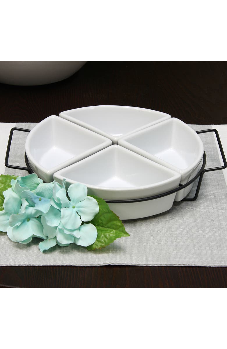 Gibson Gracious Fine Ceramic Dining Four Section Tray Set with Metal Rack, Alternate, color, White