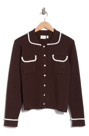 Cyrus Contrast Trim Button Front Cardigan In Brown