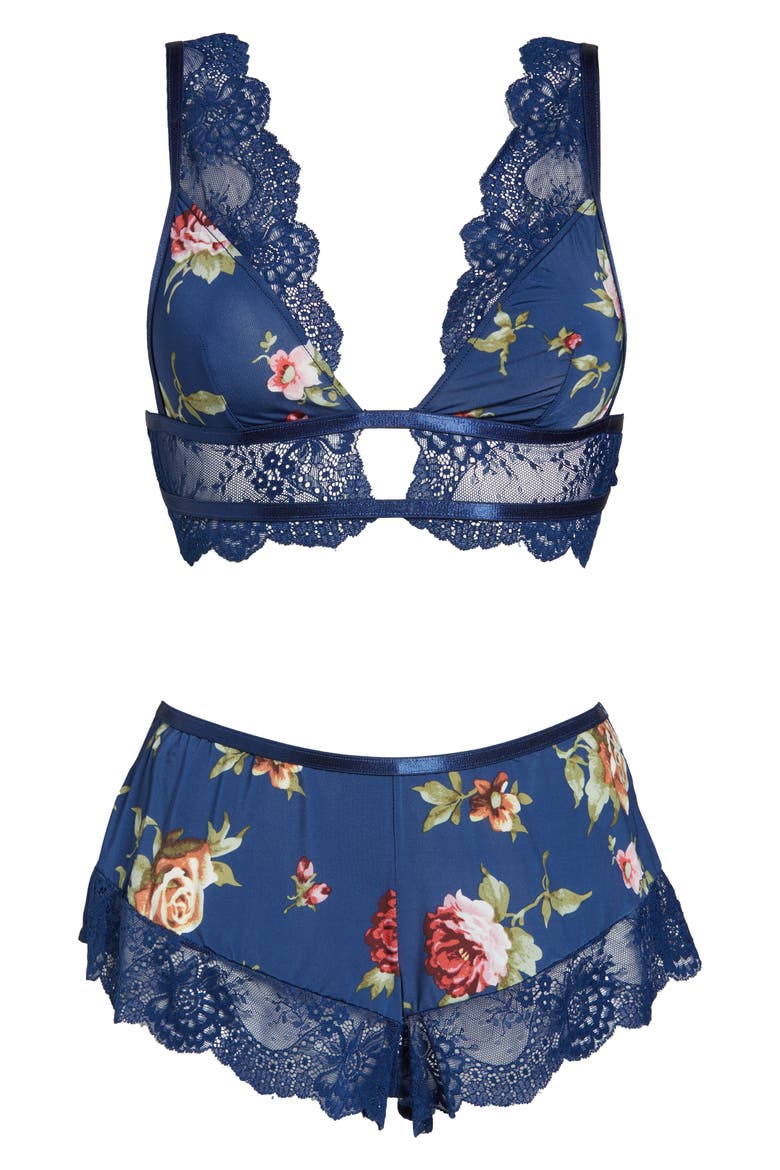 Naeva Floral Print Bralette & Boyshorts Set, Alternate, color, ESTATE BLUE SCATTERED ROS