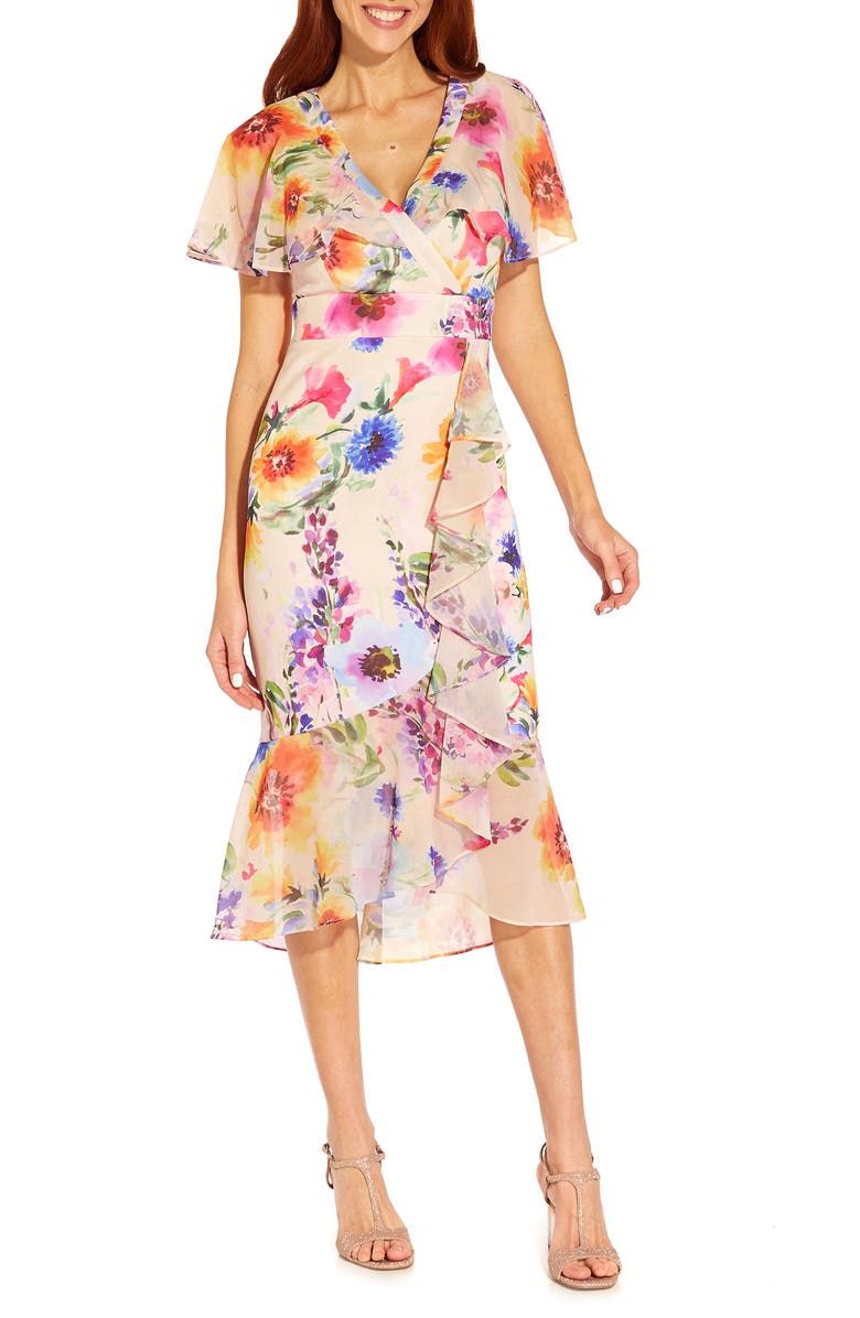Adrianna Papell Floral Ruffle Faux Wrap Midi Dress, Main, color, 