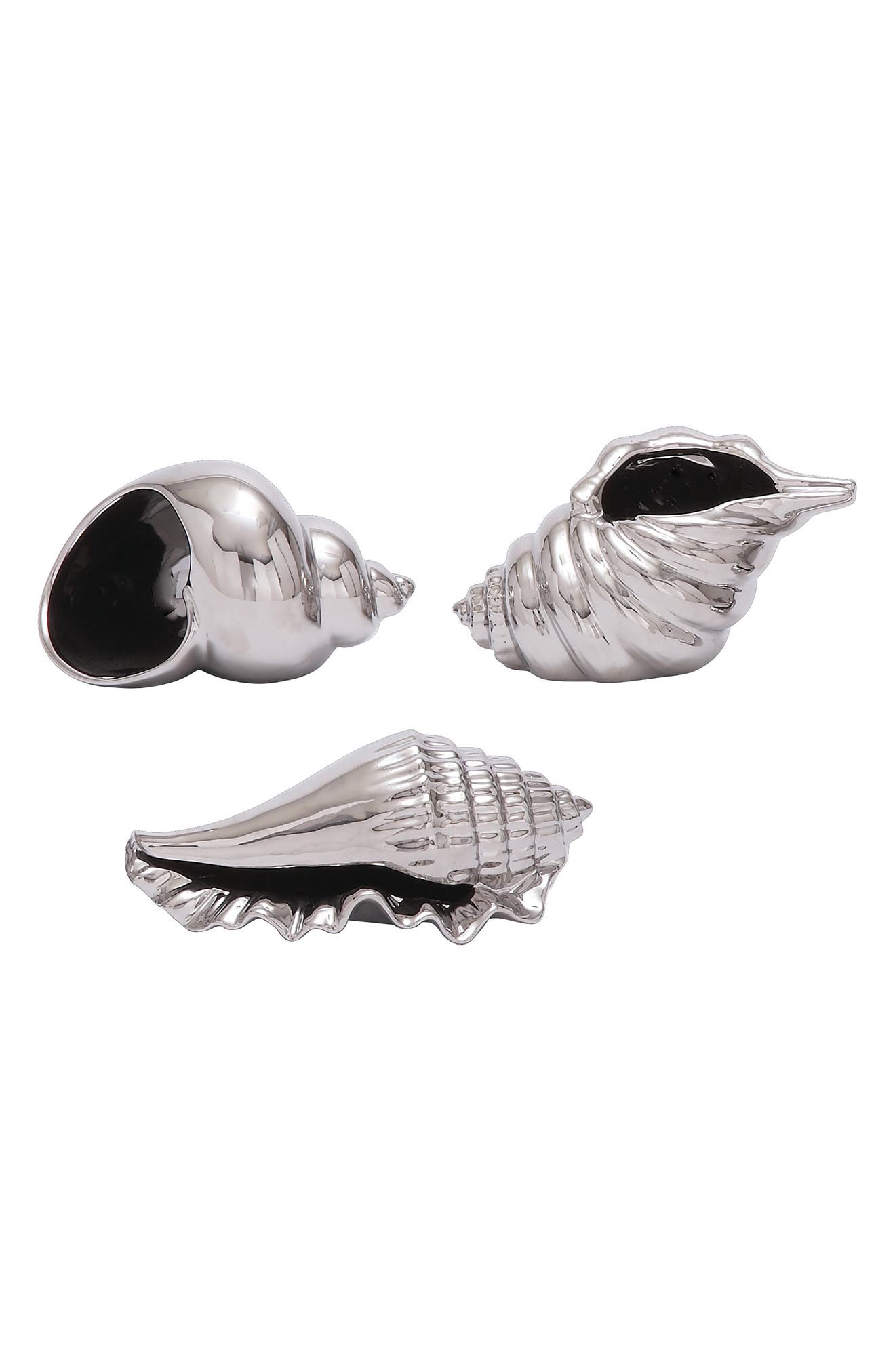 WILLOW ROW Silver Ceramic Shell Sea Life Sculpture - Set of 3
