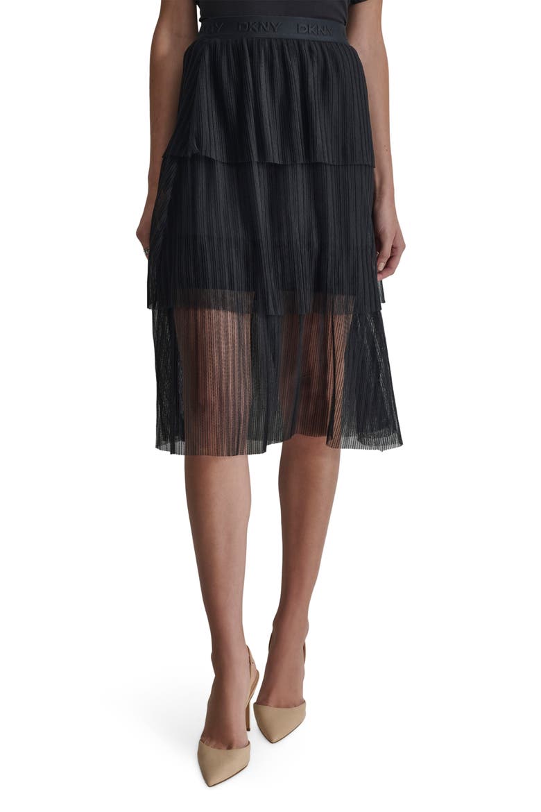 Tiered Plissé Mesh Skirt, Main, color, BLACK