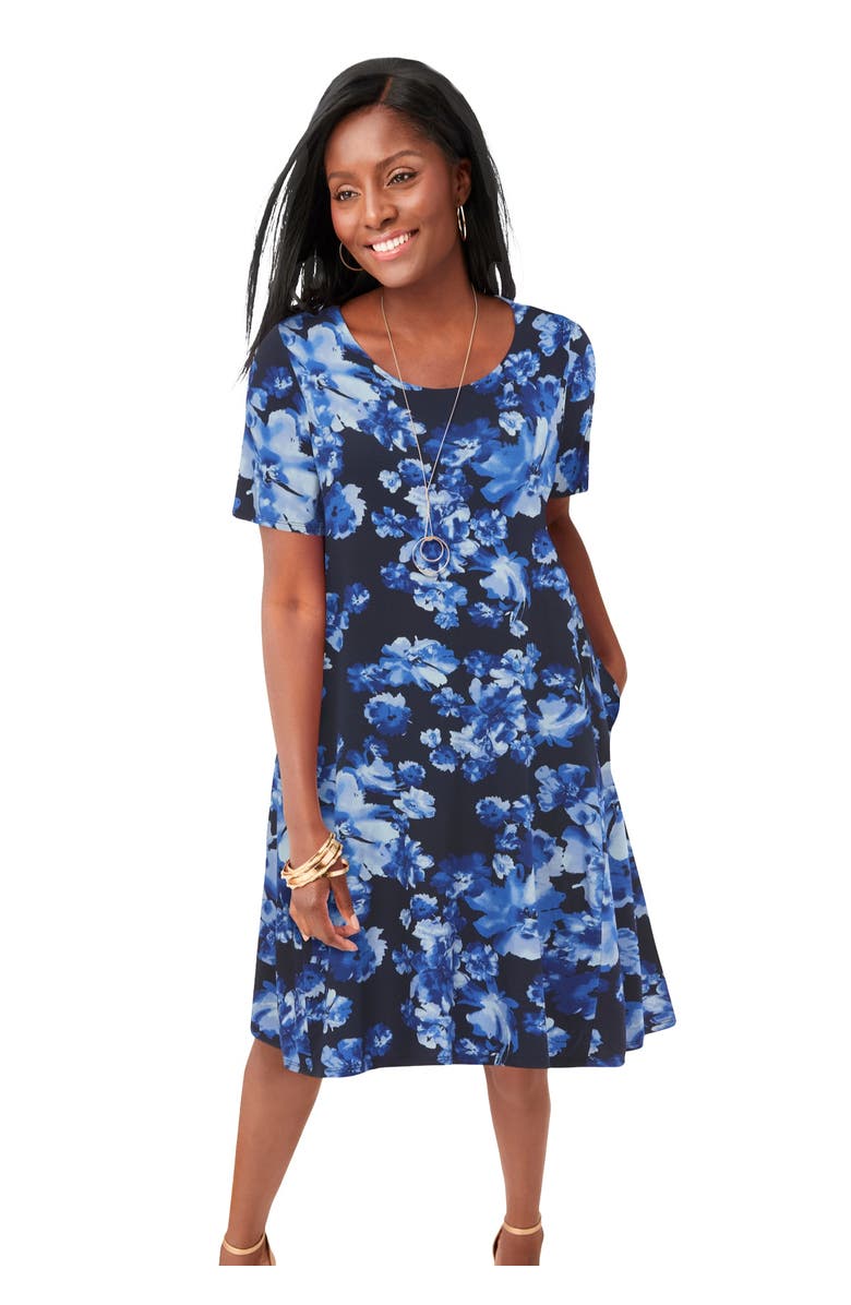 Jessica London Stretch Knit A-Line Dress, Main, color, Blue Floral Print