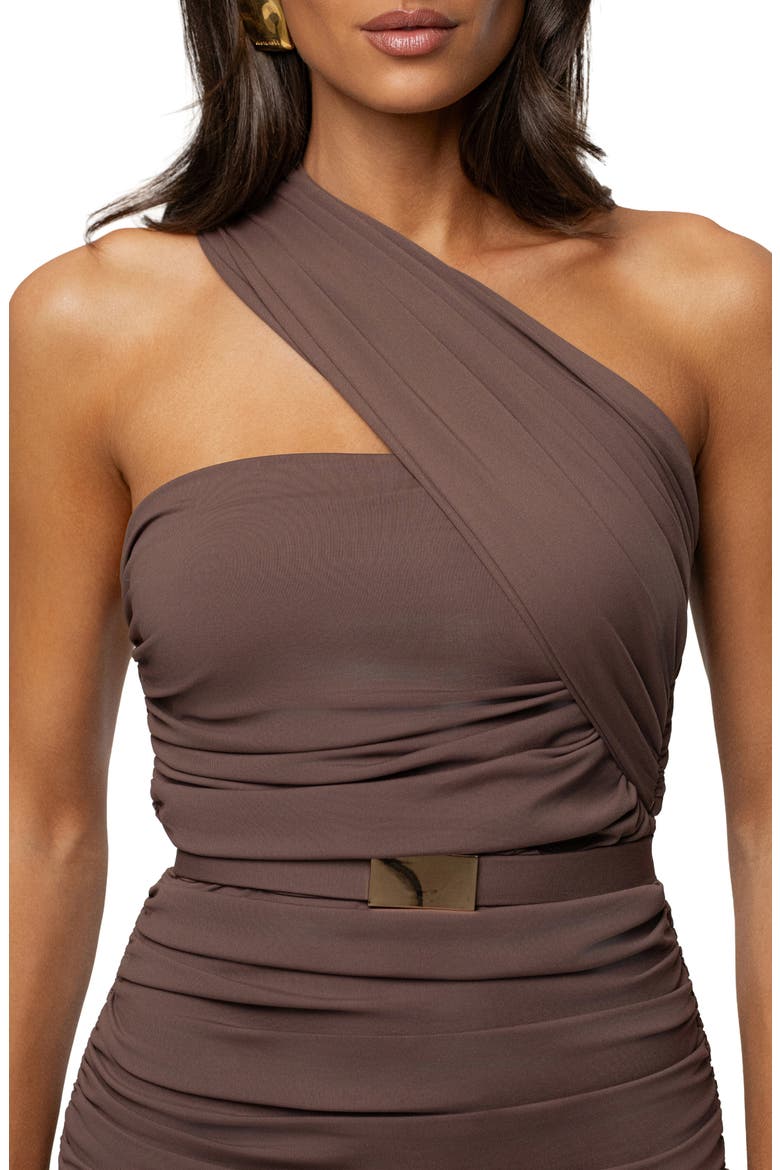 Opulent Ruched Midi Dress, Alternate, color, BROWN