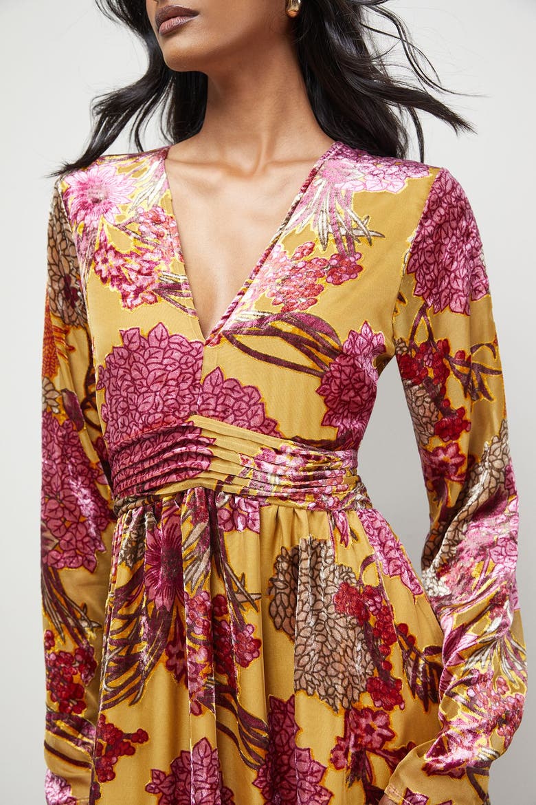 Plunge Neck Waisted Long Sleeve Dress, Alternate, color, Ochre
