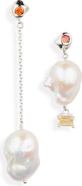FARIS Pearl & Sapphire Mismatched Drop Earrings