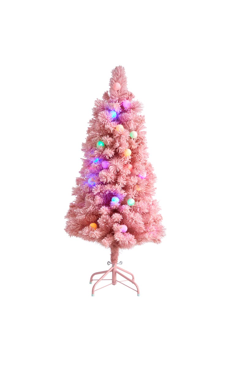 NEARLY NATURAL 4-ft Holiday Frosted Pink Cashmere Artificial Christmas Tree with 30 Jumbo Multicolored Globe LED Lights, Main, color, Pink