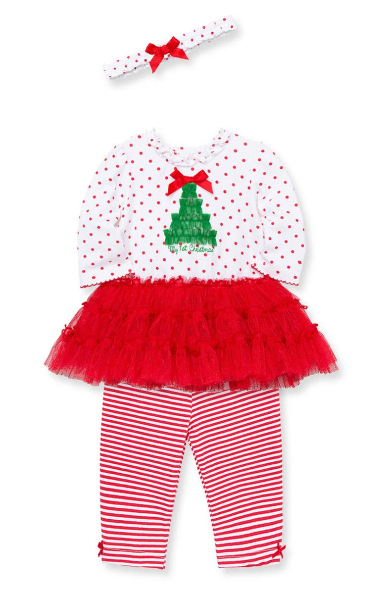 Little Me Christmas Tree Embellished Top, Leggings & Headband Set, Alternate, color, 