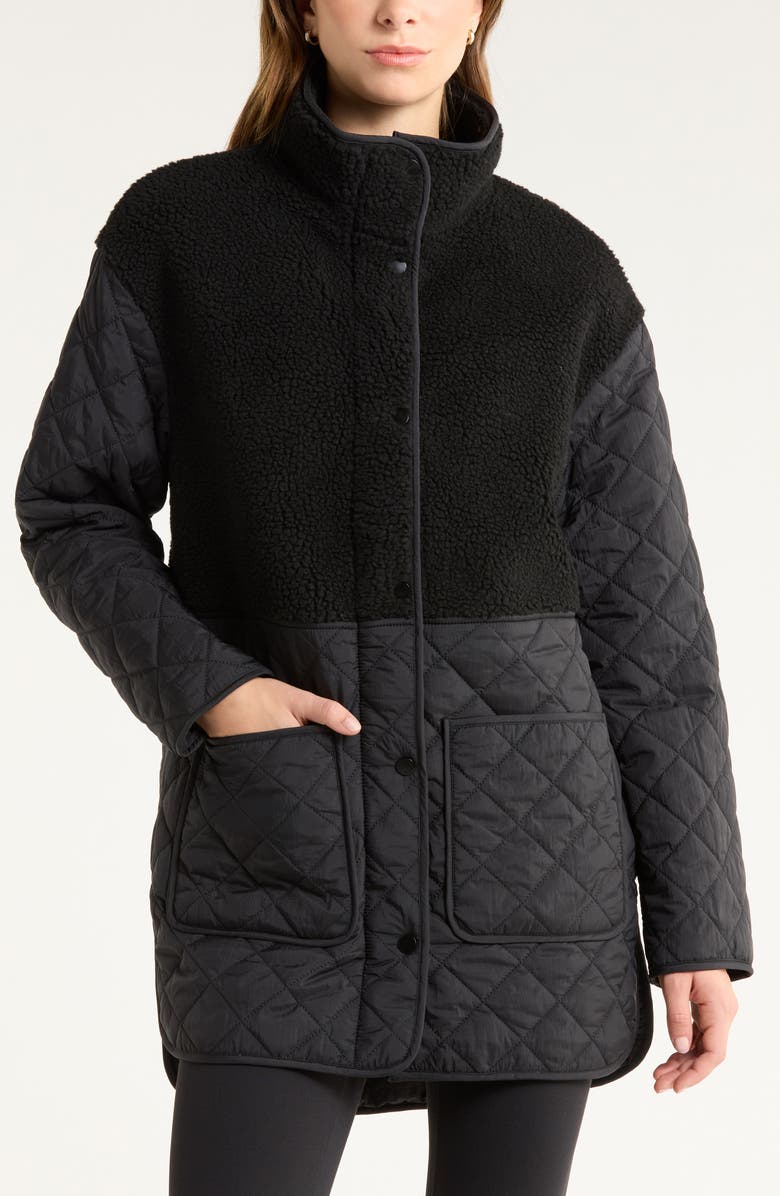 Zella Faux Shearling Trim Quilted Long Jacket, Alternate, color, Black