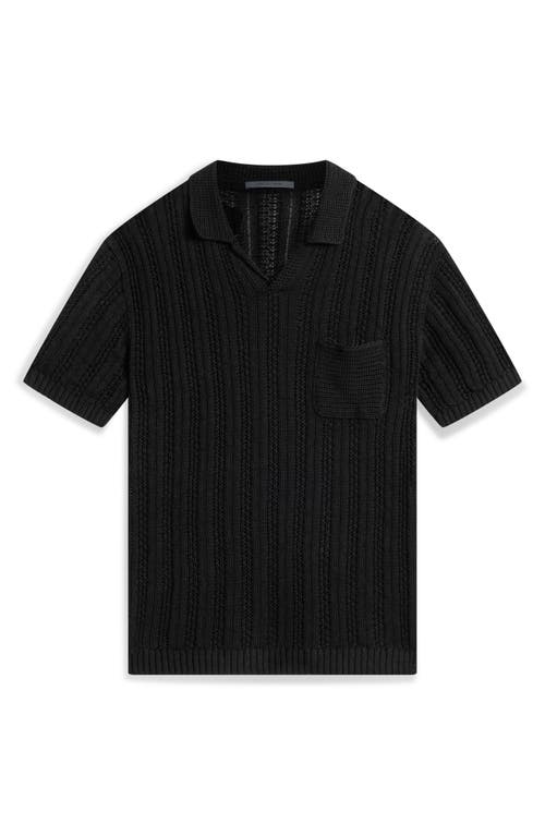 John Varvatos Odin Short Sleeve Textured Linen Johnny Collar Sweater In Black