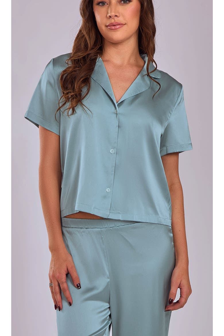 Stretch Satin Pajama Set with Button-Down Top, Alternate, color, Sage