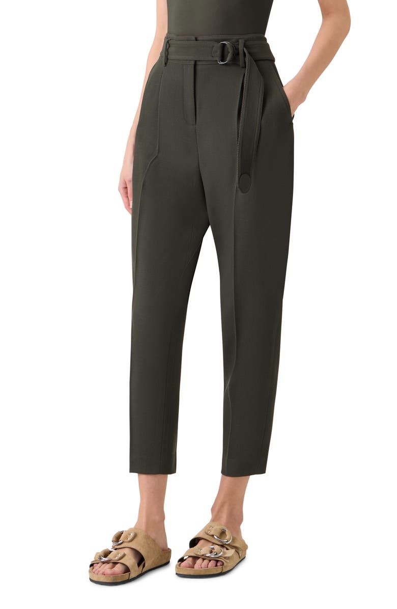 Akris punto Fred Belted High Waist Crop Virgin Wool Tricotine Pants, Alternate, color, Olive