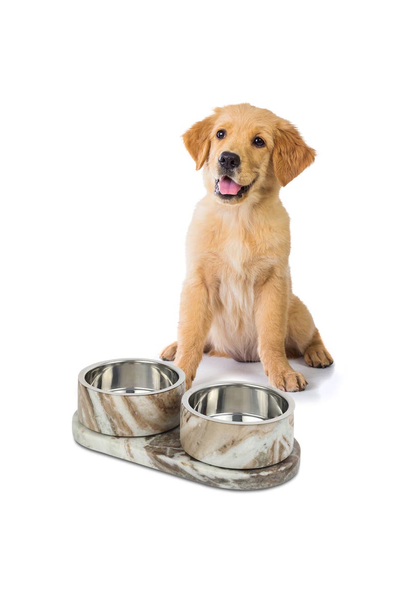 Marbre Modern Weighted Double Marble and Stainless Steel Bowl Feeder with Non-Slip Marble Tray Set, Main, color, Beige/Gray