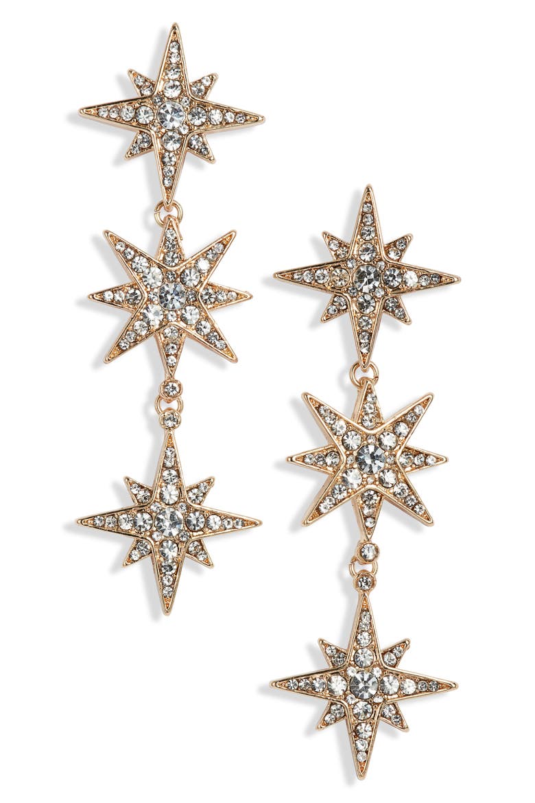 Triple Crystal Star Drop Earrings, Main, color, GOLD