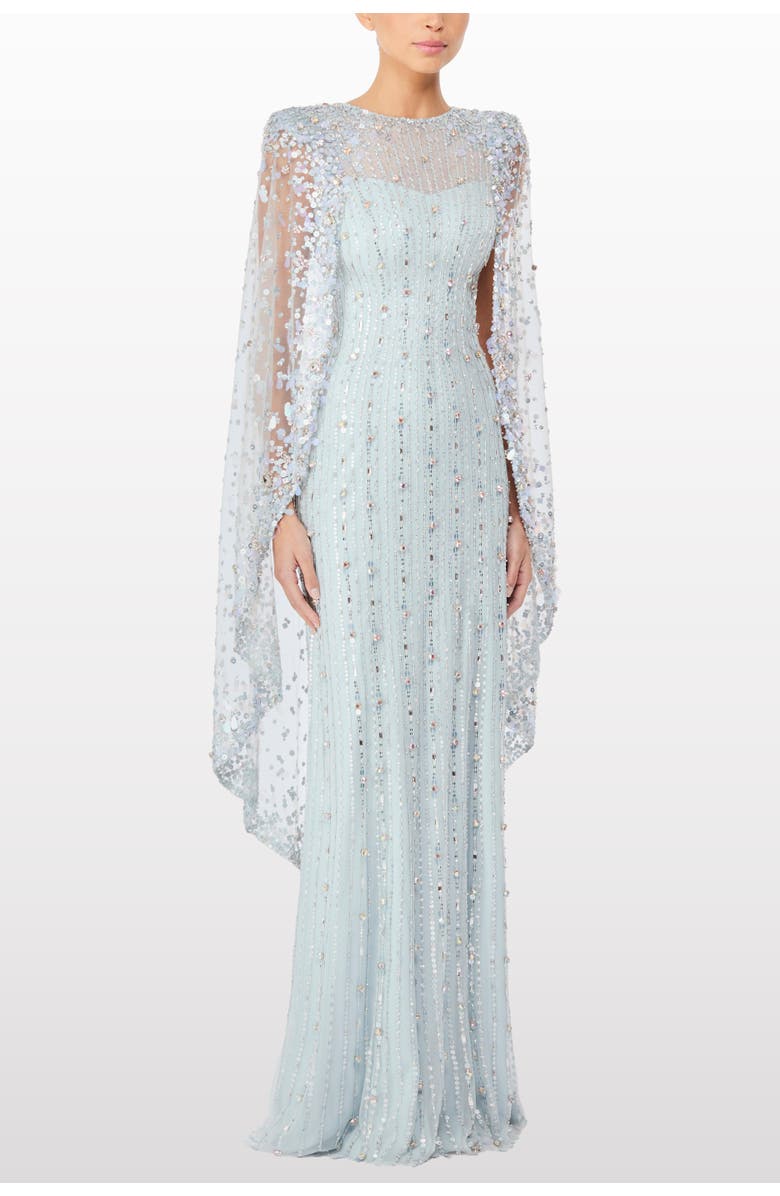 Jenny Packham Blaize Embellished Cape Maxi Dress, Main, color, Porcelain