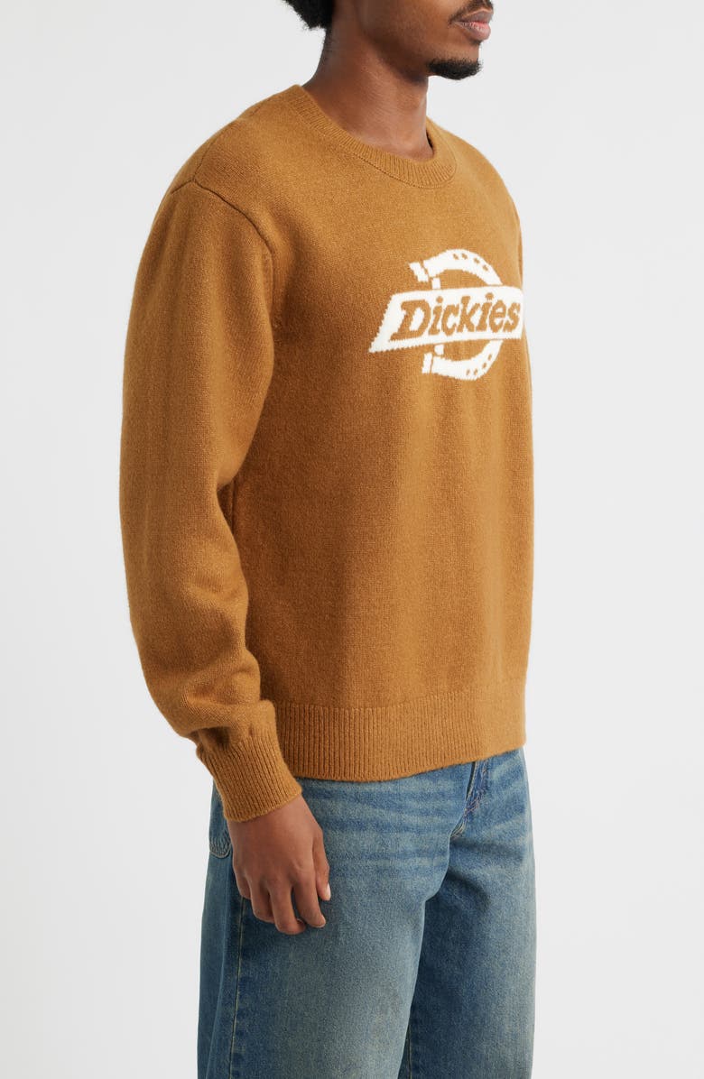 Dickies Ruston Intarsia Logo Crewneck Sweater, Alternate, color, Brown Duck