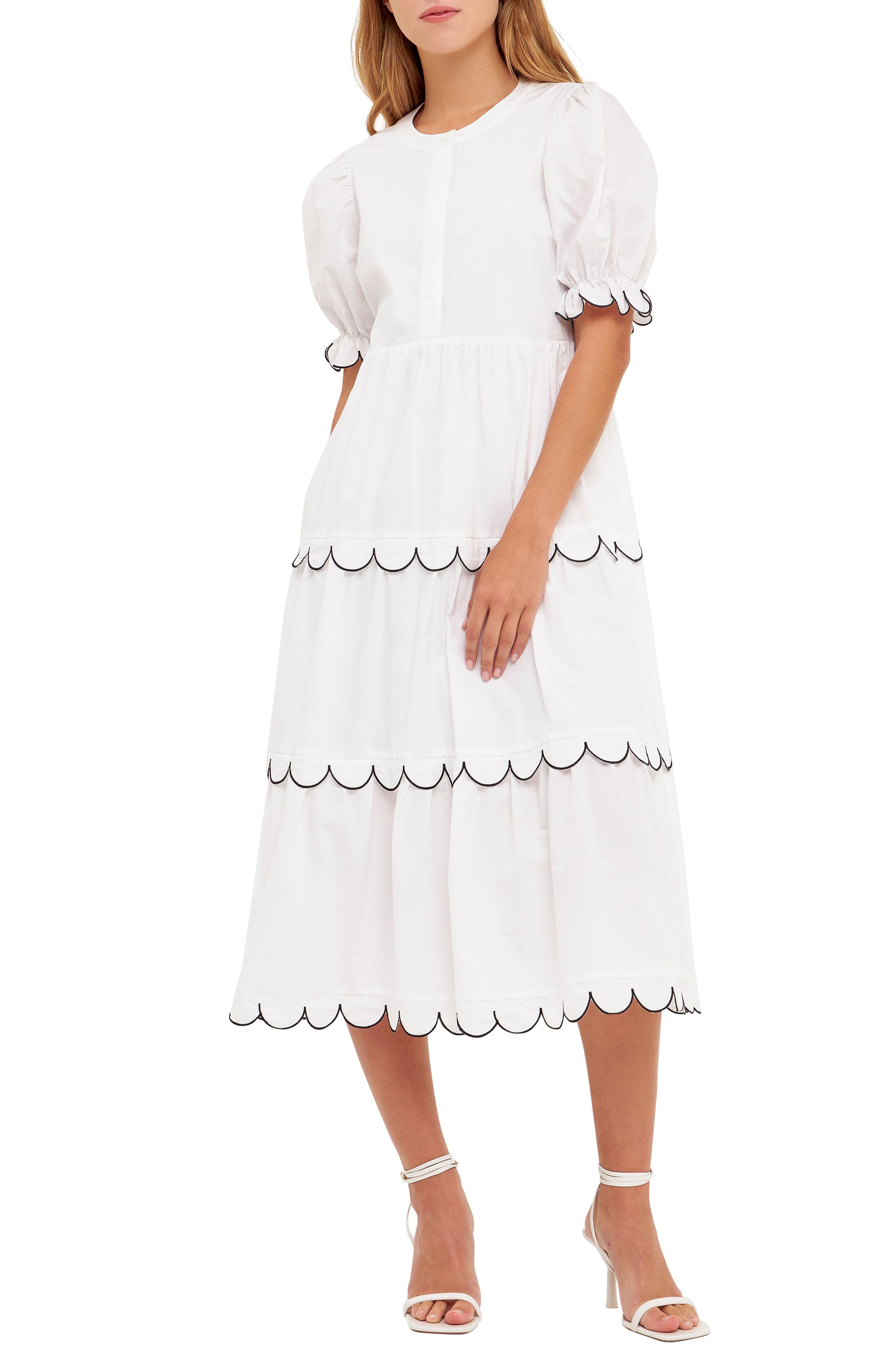 English Factory Contrast Scalloped Trim Cotton Midi Dress (Women