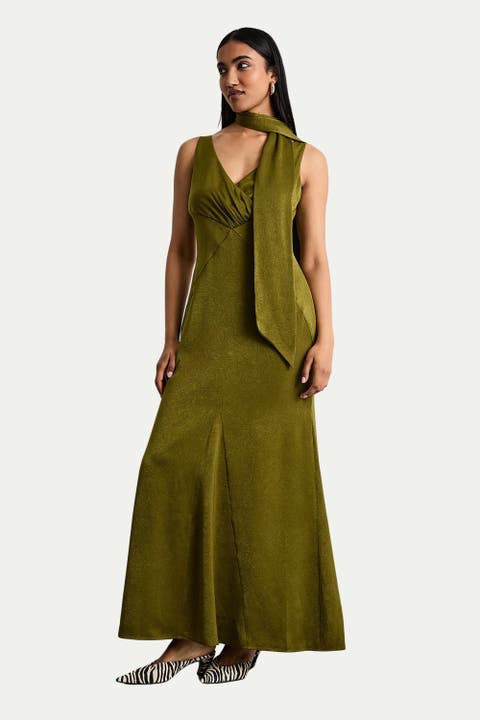 Plain Scarf Detail Tie Neck Maxi Dress
