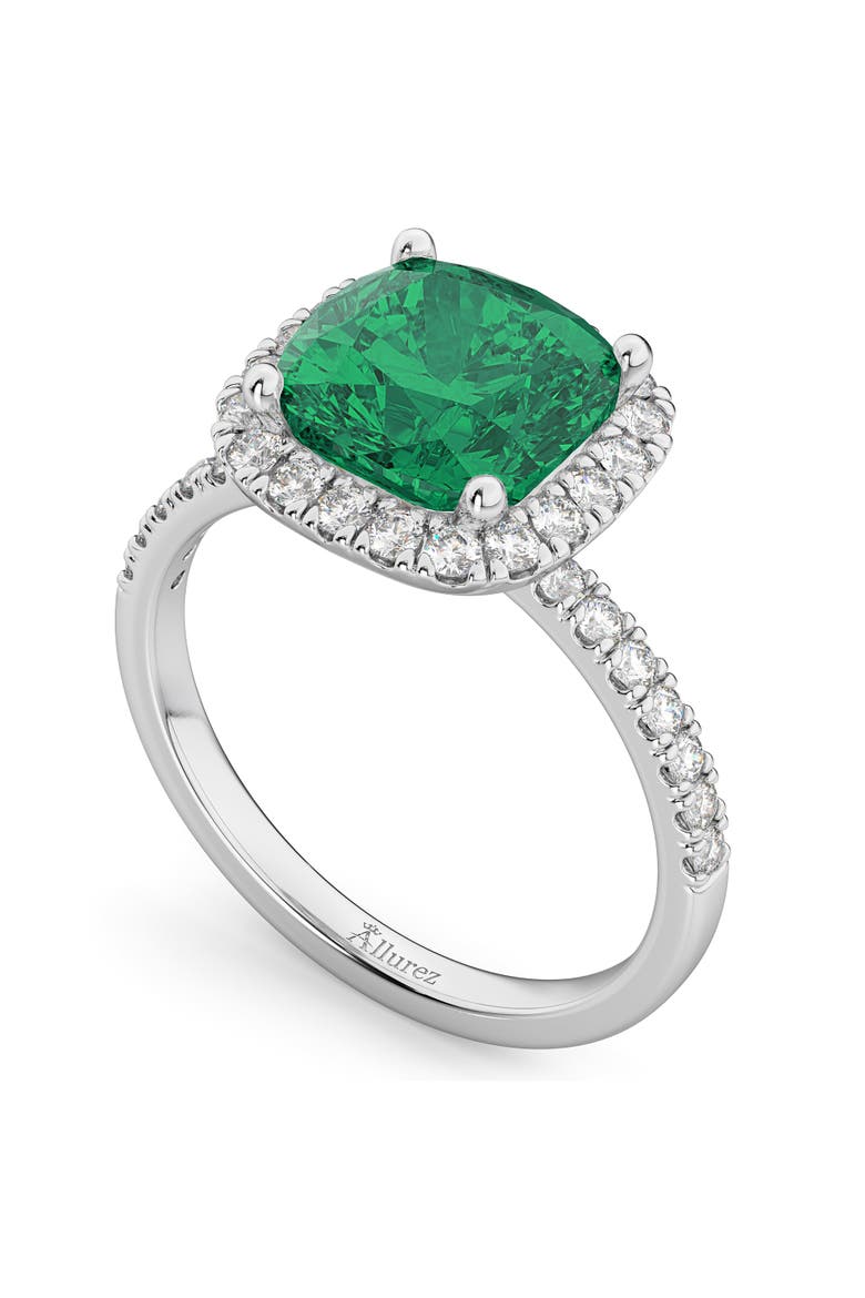 Cushion Cut Emerald & Diamond Engagement Ring Halo 14K, Alternate, color, 3.11ct/White Gold