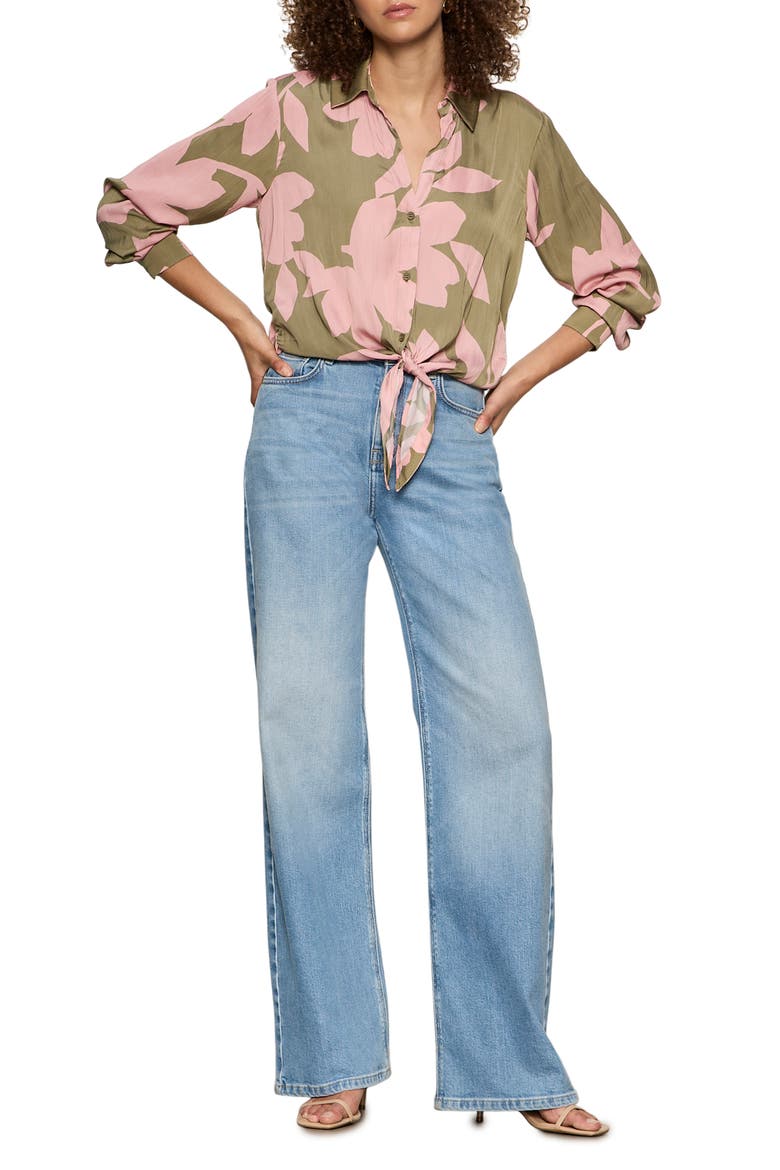 Lover Print Tie Hem Crop Sateen Shirt, Alternate, color, PINK SILHO