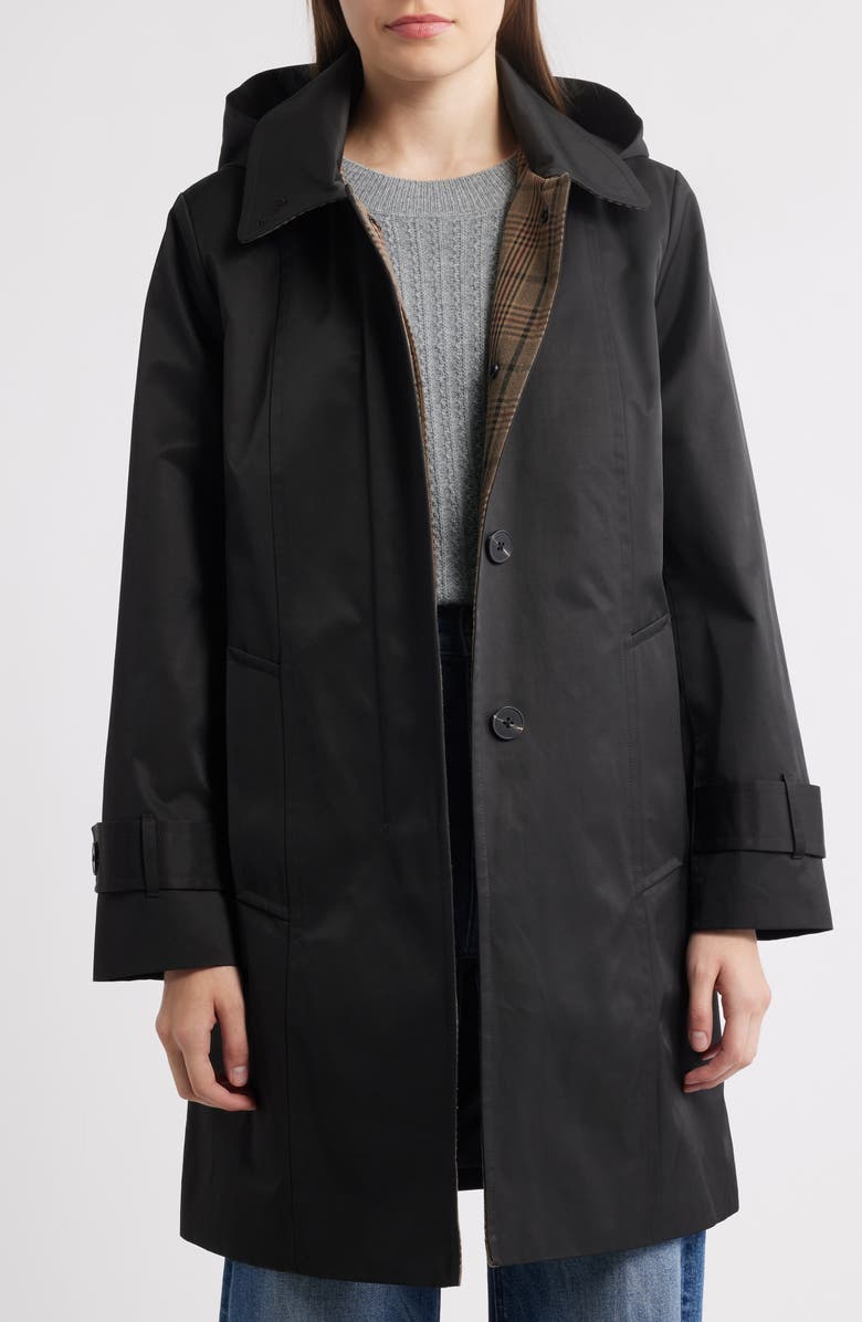 London Fog Oversize Single Breasted Hooded Raincoat, Alternate, color, Black