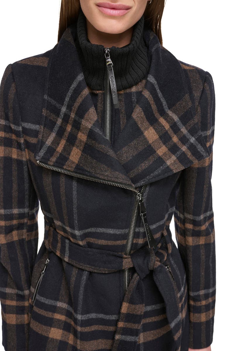 Calvin Klein Angled Zip Twill Coat, Alternate, color, Plaid Combo