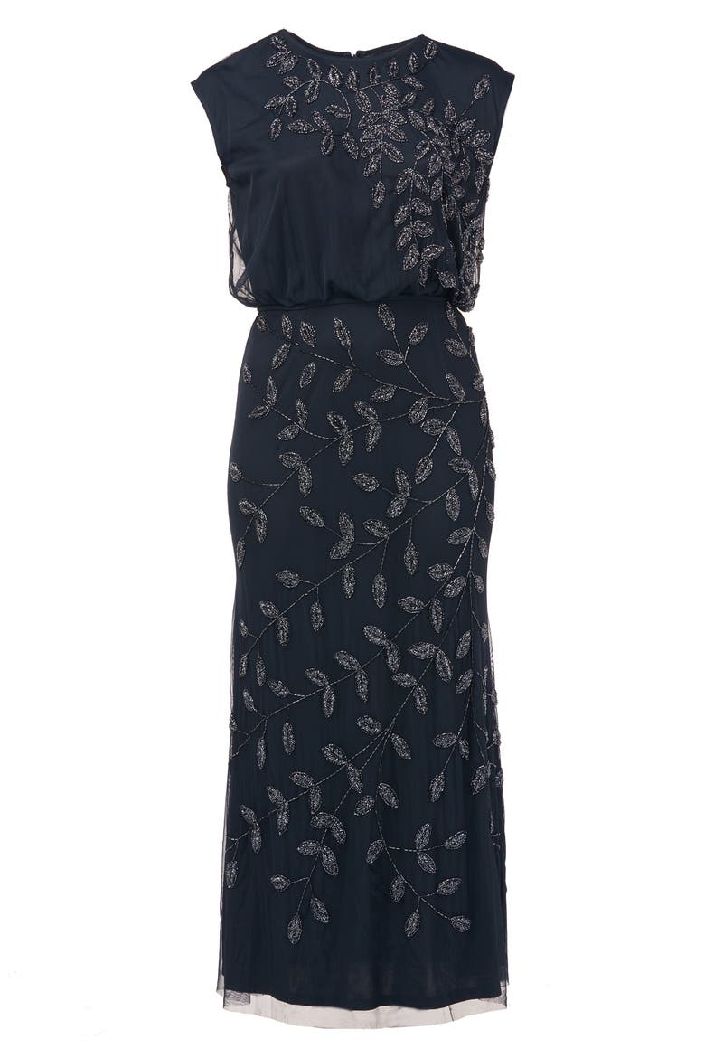 Beaded Leaf Mesh Trumpet Gown, Alternate, color, NAVY