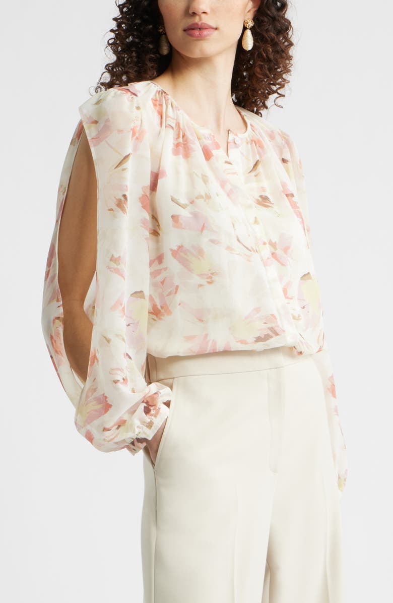 Nordstrom Split Sleeve Top, Main, color, Ivory-Pink Canvas Bloom