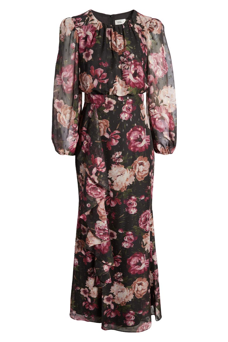 Floral Metallic Long Sleeve Maxi Dress, Alternate, color, BLACK