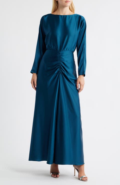 Ruched Detail Long Sleeve Satin Gown