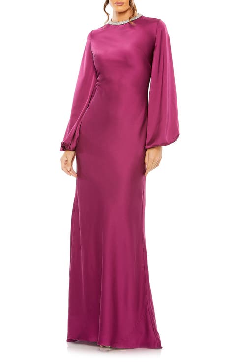 Beaded High Neck Bishop Sleeve Satin Gown
