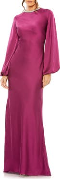 Mac Duggal Beaded High Neck Bishop Sleeve Satin Gown