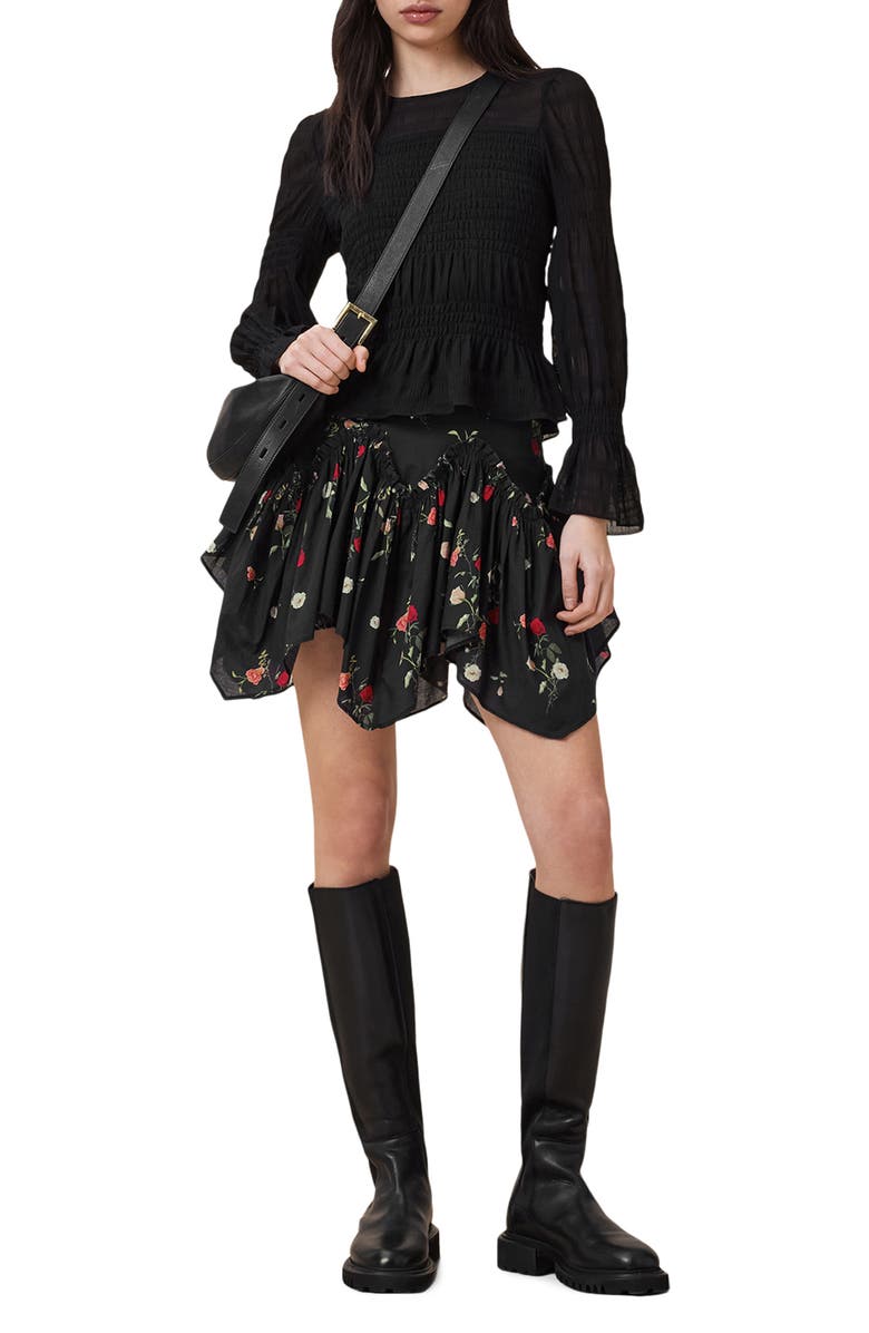 AllSaints Delilah Floral Cotton Asymmetric Miniskirt, Alternate, color, Briar Black