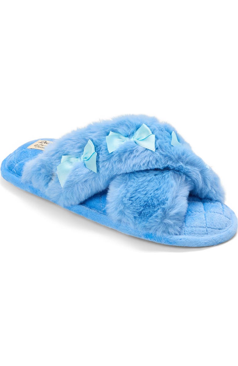 DEARFOAMS Jessica Bows Furry Crossband Slide Slipper, Main, color, Cornflower
