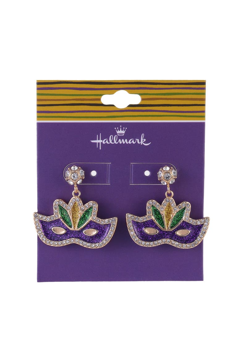 Mardi Gras Mask Stone Earrings, Alternate, color, Purple