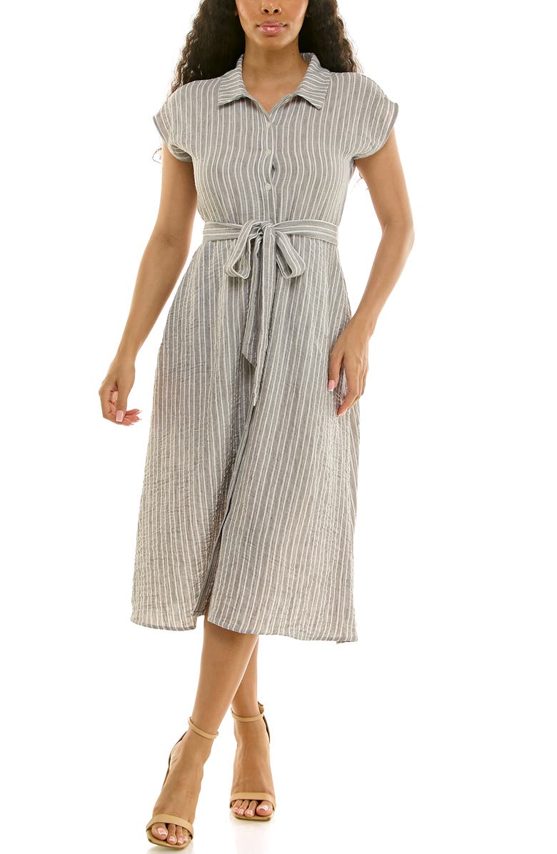 Nina Leonard Cap Sleeve Shirtdress, Main, color, Grey/ White