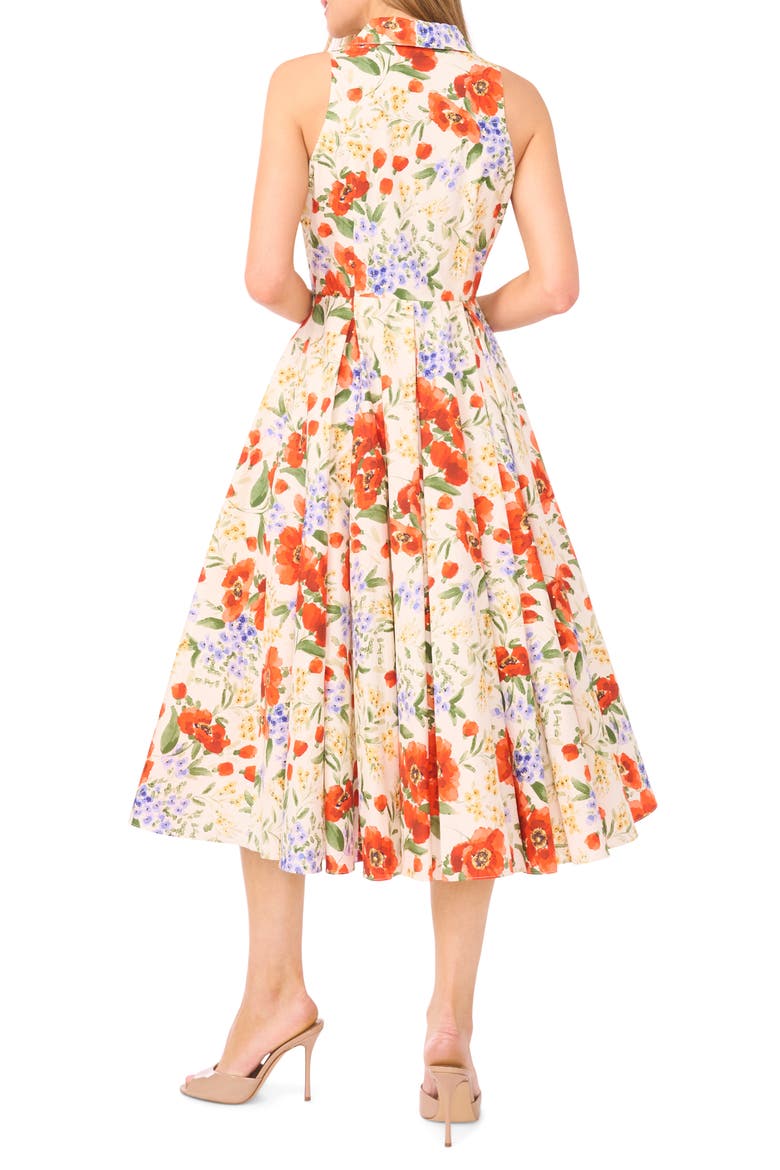 Noemi Floral Pleated Sleeveless Cotton Midi Shirtdress, Alternate, color, FIRE ORANGE