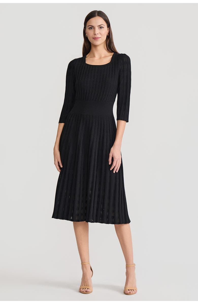 Ming Wang Linear Pointelle Tonal Knit Fit-N-Flare Midi Dress, Main, color, Black