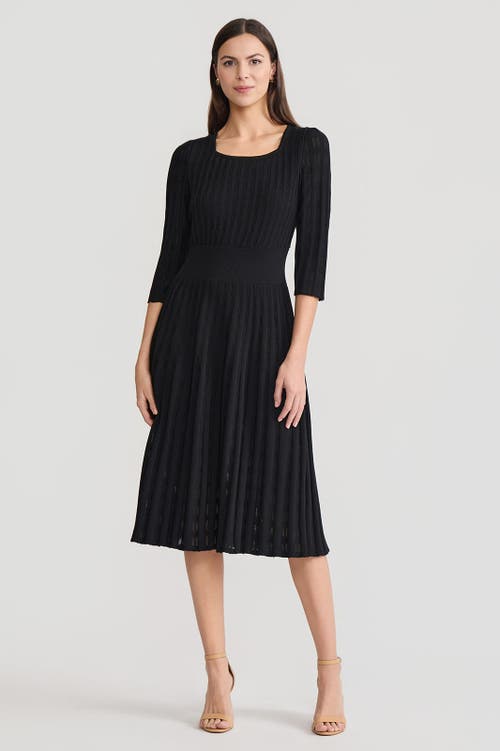 Ming Wang Linear Pointelle Tonal Knit Fit-n-flare Midi Dress In Black
