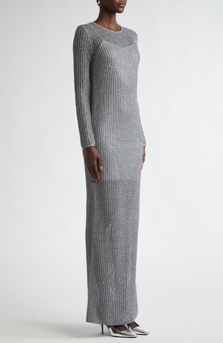 ST. JOHN Sequin Long Sleeve Mesh Knit Gown, Alternate, color, Silver