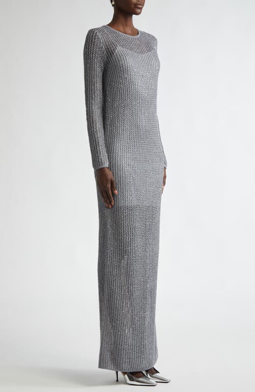 St John Sequin Mesh Knit Long-sleeve Gown With Slip In Silver
