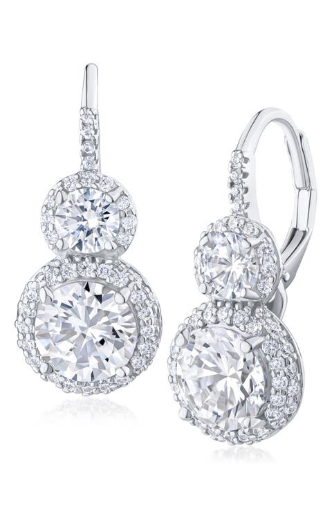 Round Cubic Zirconia Double Pav Halo Drop Earrings