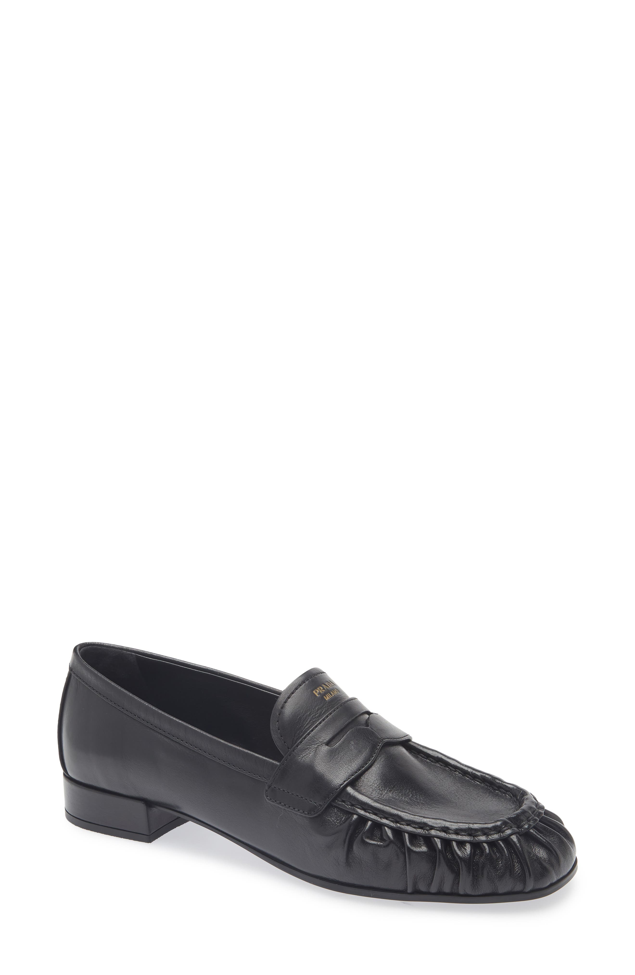Prada Ruched Toe Penny Loafer, Main, color, Nero