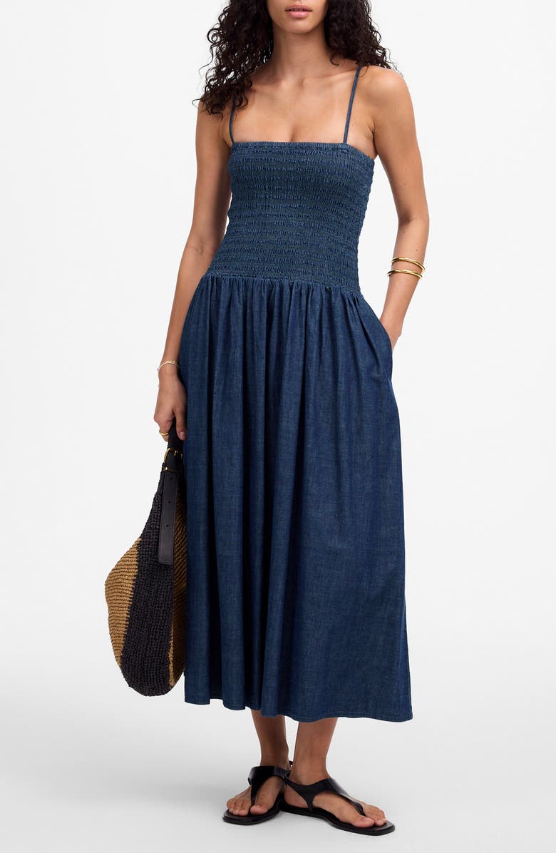 Madewell Smocked Midi Sundress, Main, color, Rinse Wash