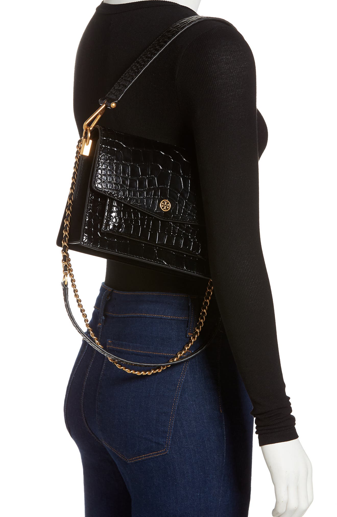 Tory Burch Robinson Embossed Double Strap Leather Flap Bag, Alternate, color, 