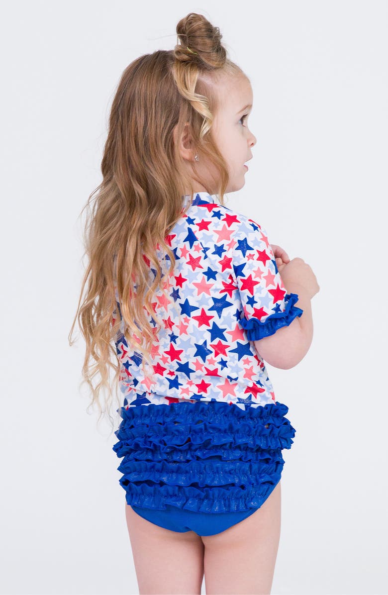 RuffleButts Shimmer Star Spangled Rashguard Two-Piece Swimsuit, Alternate, color, Shimmer Star-Spangled