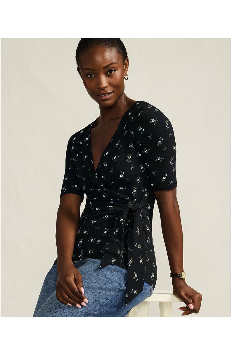 Lands
 End Elbow Sleeve Lightweight Jersey Side Tie Blouse, Alternate, color, Black/Cobalt Tiny Floral