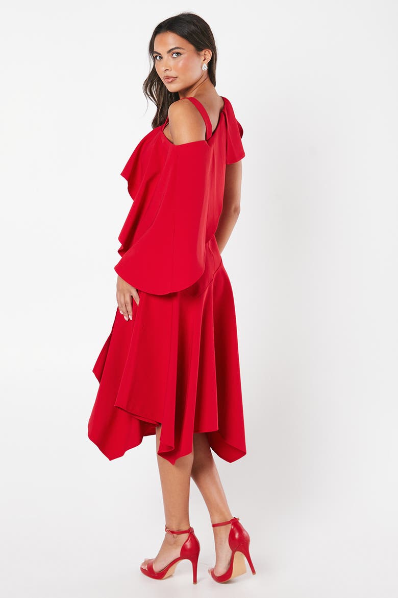 One Shoulder Ruffle Crepe Midi Dress, Alternate, color, Red