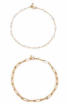 st. Moran Set of 2 Freshwater Pearl & Paper Clip Chain Anklets