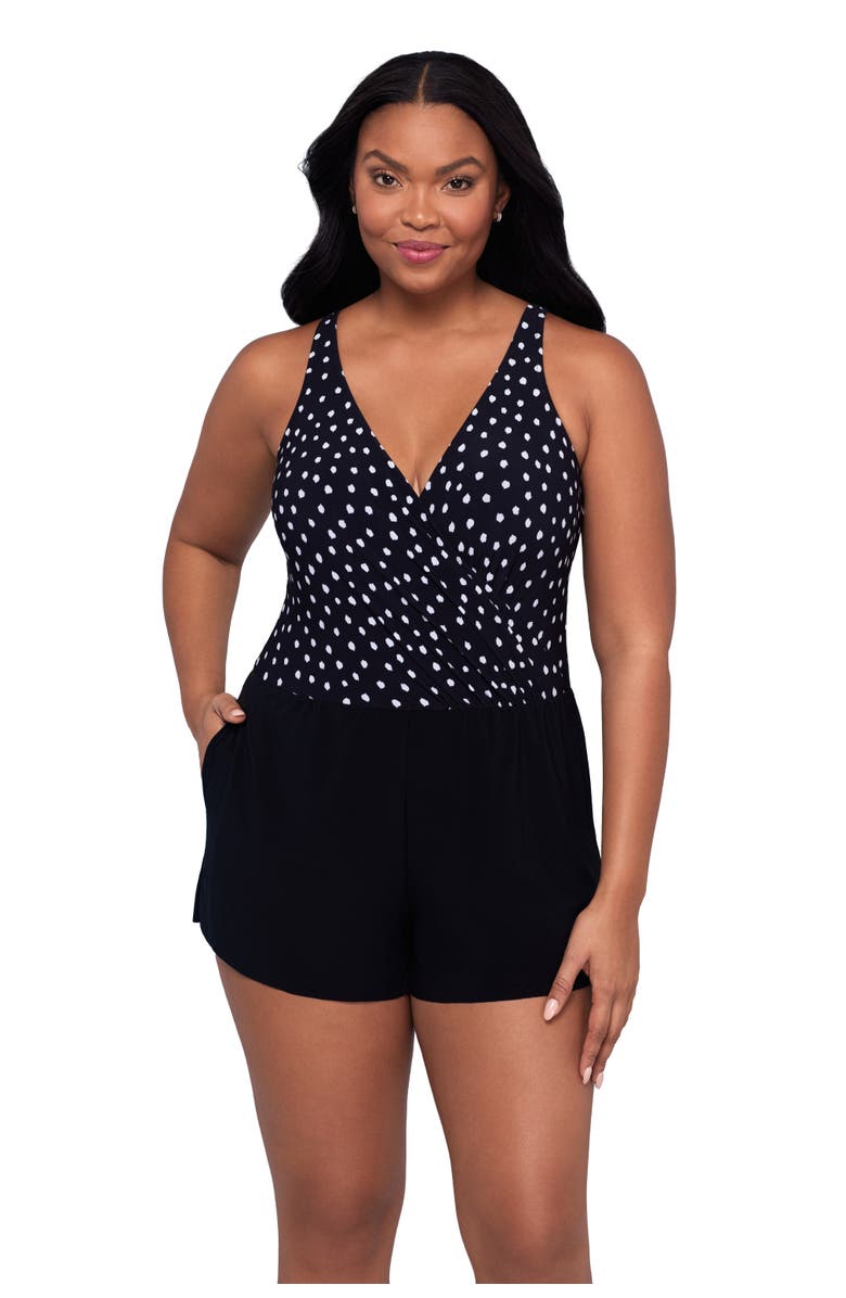 Trimshaper Kim Surplice Control Swim Romper with Pockets, Main, color, Confetti Dot